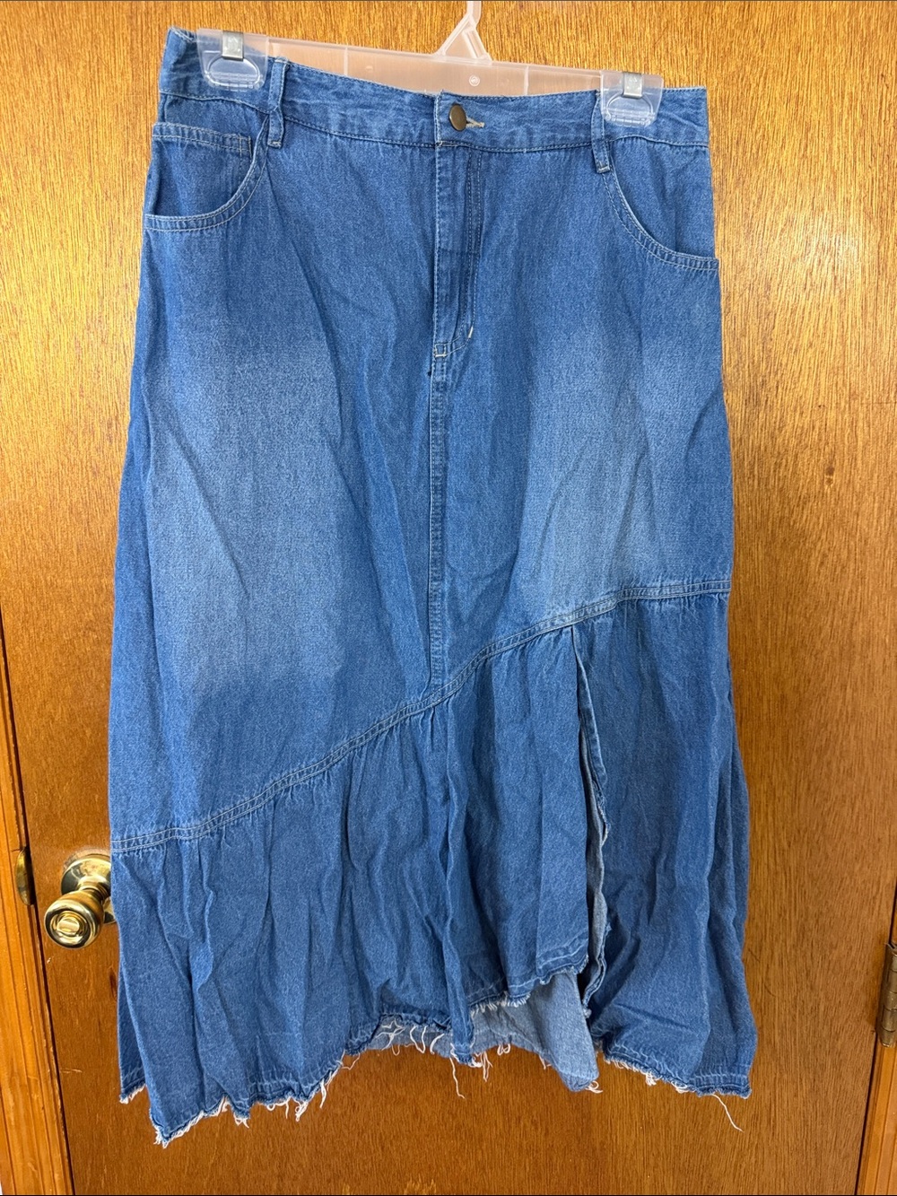 Studio West Blue Denim Midi Skirt with high low Panel Detail